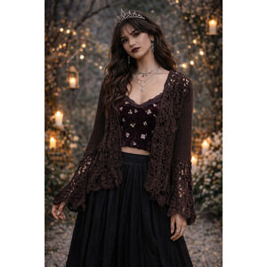 VTG Nine West Cardigan Small Brown Ramie Open Crochet Bell Sleeve Boho Y2K Fairy